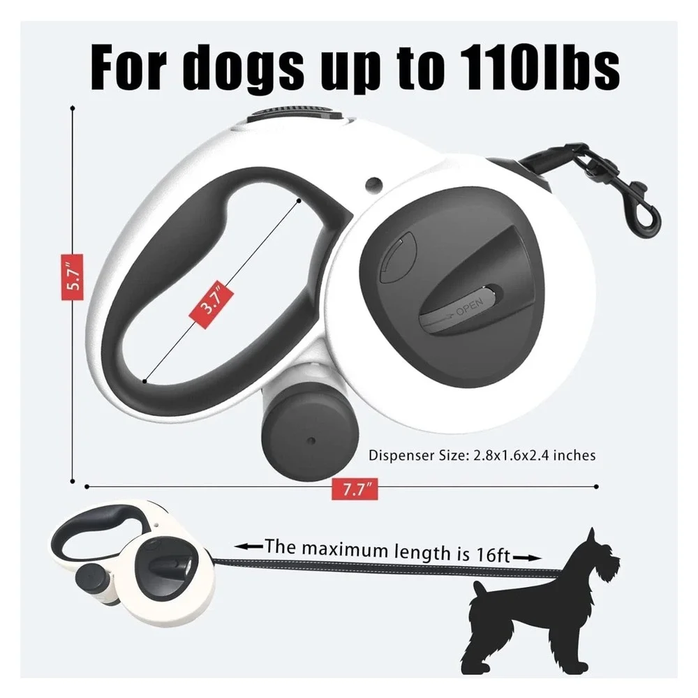 HOY&WILD Retractable Dog Leash‎ with Bag Dispenser/Light/Heavy Duty 16 ft